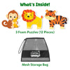 Contents of the Skillmatics Bathtime Puzzles set displayed on a white background, featuring three foam animal puzzles—a monkey, lion, and tiger—made up of 12 total pieces, along with a black mesh storage bag. The image clearly showcases every included component for easy product identification.