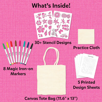 Skillmatics Iron-Its kit contents on pink background. Eight colorful magic iron-on markers. Two white stencil sheets with 30-plus nature designs including flowers, butterflies, and shells. Natural canvas tote bag sized 11.6 by 13 inches. Small practice cloth. Five printed design sheets.
