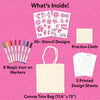 Skillmatics Iron-Its kit contents on pink background. Eight colorful magic iron-on markers. Two white stencil sheets with 30-plus nature designs including flowers, butterflies, and shells. Natural canvas tote bag sized 11.6 by 13 inches. Small practice cloth. Five printed design sheets.