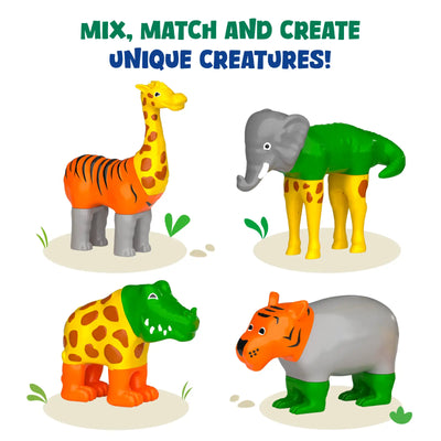 Educational toy visual showing ‘Mix, Match and Create Unique Creatures’ with four hybrid magnetic animals including giraffe-tiger-elephant-crocodile combinations displayed on a clean white background, demonstrating interchangeable body parts and creative animal-building play experience.