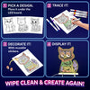 Four-step Skillmatics Light-Up Sketcher activity guide showing how to pick a tracing design, place it behind the board, trace with markers, decorate with reusable stickers, then display the glowing artwork. An owl example appears in the final step, with a wipe-clean message below.