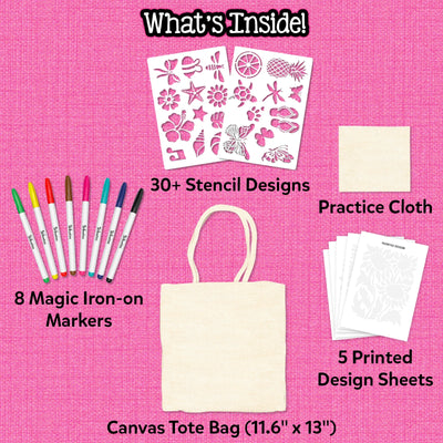 Skillmatics Iron-Its kit contents on pink background. Eight colorful magic iron-on markers. Two white stencil sheets with 30-plus nature designs including flowers, butterflies, and shells. Natural canvas tote bag sized 11.6 by 13 inches. Small practice cloth. Five printed design sheets.