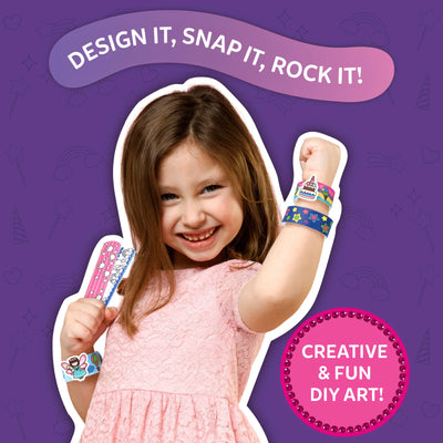 Young girl holding colorful DIY Snap Bandz Unicorns and Princesses slap bracelets