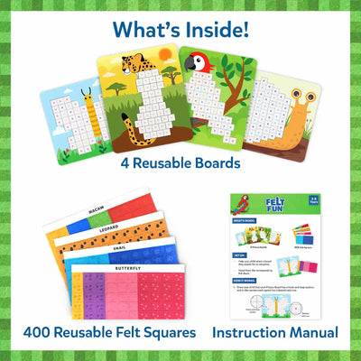 Layout labeled “What’s Inside!” showing kit components for Felt Fun: four animal picture boards featuring butterfly, leopard, macaw, and snail designs; stacks of reusable felt squares sorted by color; and an instruction manual. Captions highlight “4 Picture Boards,” “400 Reusable Felt Squares,” and “Instruction Manual.”
