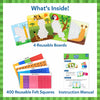 Layout labeled “What’s Inside!” showing kit components for Felt Fun: four animal picture boards featuring butterfly, leopard, macaw, and snail designs; stacks of reusable felt squares sorted by color; and an instruction manual. Captions highlight “4 Picture Boards,” “400 Reusable Felt Squares,” and “Instruction Manual.”
