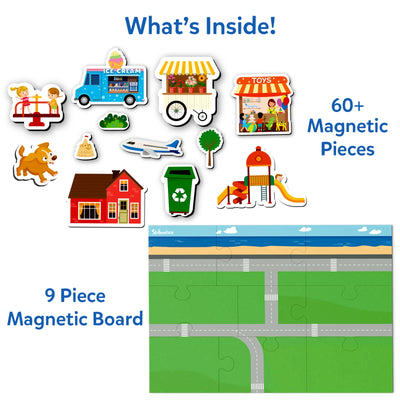 Magnetopia Design Your City magnetic play set with over 60 pieces and a 9-piece board
