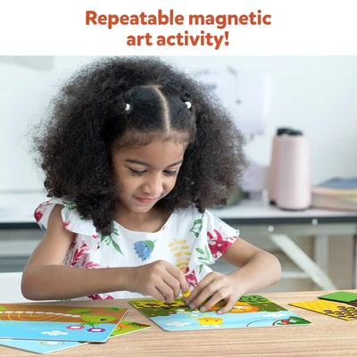 Young girl creating magnetic animal art with Dot It with Magnets activity set
