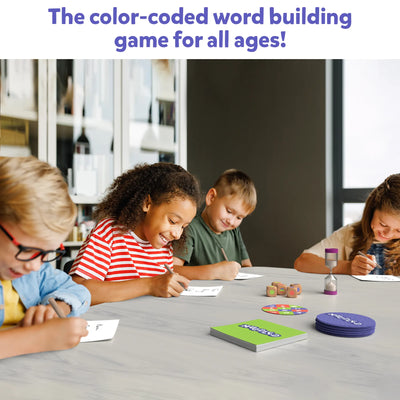 Four children playing Muddled fast-paced word-building game for ages 8 and up