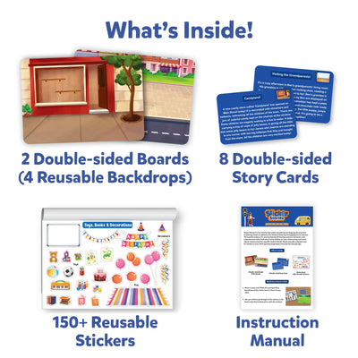 Children’s play set with reusable boards story cards stickers and instruction manual for creative storytelling