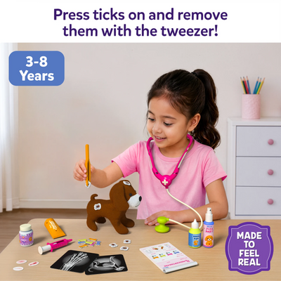 Young child wearing the included pink stethoscope examines the plush puppy using tweezers while playing with the Skillmatics Vet Set. The table displays X-ray sheets, flea spray, medicine, prescription pad, syringe, ointment tube, felt ticks, and other pretend veterinary tools for ages 3–8.