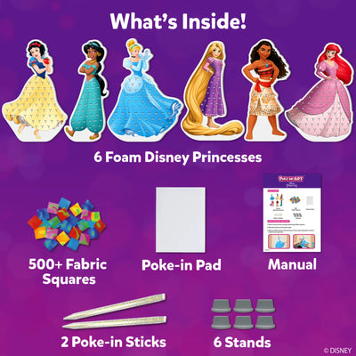 This kit includes 500+ Fabric Squares, 6 Foam Disney princesses, 6 Stands, 2 Poke-in Sticks, 1 Poke-in pad, and an Instruction Manual