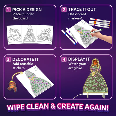 Four-step Skillmatics Light-Up Sketcher graphic: choose a tracing design, place it under the board, trace with colorful markers, decorate with reusable stickers, and display the glowing artwork. Four numbered panels appear on a purple background. The activity is designed for repeated creative play.