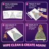 Four-step Skillmatics Light-Up Sketcher graphic: choose a tracing design, place it under the board, trace with colorful markers, decorate with reusable stickers, and display the glowing artwork. Four numbered panels appear on a purple background. The activity is designed for repeated creative play.