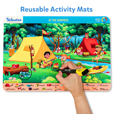 Interactive campsite themed reusable activity mat with marker and highlighted objects for ages 3-6