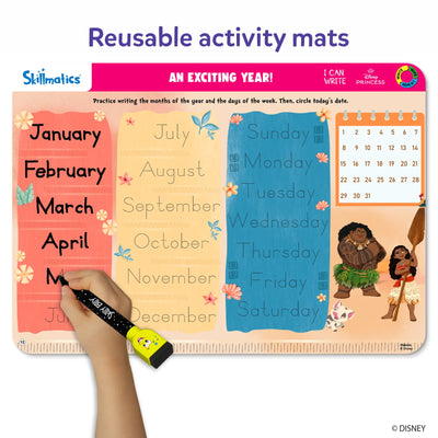 Educational activity mat with Disney Princesses for practicing writing months, days, dates