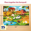Completed 25-piece Skillmatics All About Farm Animals puzzle measuring 15.7 x 11.7 inches, featuring a bright farm scene with a barn, horse, cow, sheep, pigs, ducks, rabbits, chickens, turkey, pond, windmill and tractor. Designed for children aged 3–7 years.