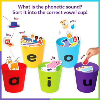 Layout showing contents of the Skillmatics Phonics Sorter game, including five plastic vowel cups labeled a, e, i, o, and u, over 100 illustrated picture pieces featuring animals, people, objects, and everyday items, and a printed learning guide. The image clearly displays each component separately on a clean background, helping parents understand what is included in the phonics learning kit.