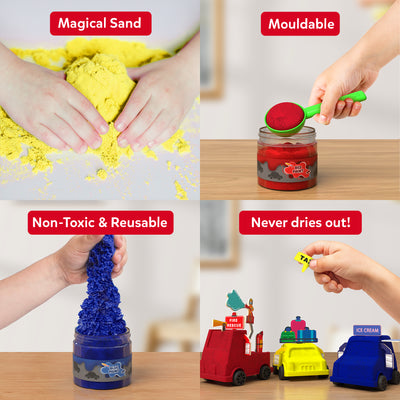 A four-panel grid shows Sandeezy sand features: top left shows a child’s hands squeezing bright yellow kinetic sand labelled “Magical Kinetic Sand.” Top right shows a scoop of red sand being lifted from a jar labelled “Mouldable.” Bottom left shows blue sand stretching upward from a jar labelled “Non-Toxic & Reusable.” Bottom right shows a hand placing a taxi sign onto a finished sand vehicle with the label “Never dries out.”