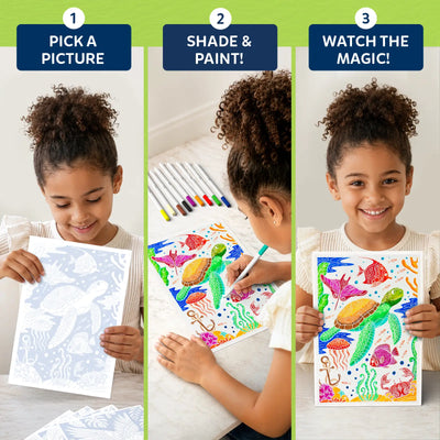 "Three-panel instructional graphic showing step-by-step process: 1 Pick a picture, 2 Shade and paint with markers, 3 Watch the magic reveal colorful designs; includes child holding outline sheet, active coloring scene, and completed vibrant artwork outcome.
"