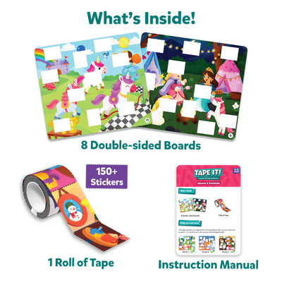The 'What's Inside' contents of Skillmatics Tape It! Unicorns & Princesses game. This includes 8 double-sided puzzle boards, featuring colourful fairytale scenes with princesses and unicorns, and 150+ stickers. A roll of colourful tape is visible, along with the game’s instruction manual. The visual highlights the vibrant, magical theme with playful, creative puzzle-solving elements designed to engage children.