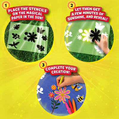 Children’s craft kit for creating sun-activated artwork with stencils and markers