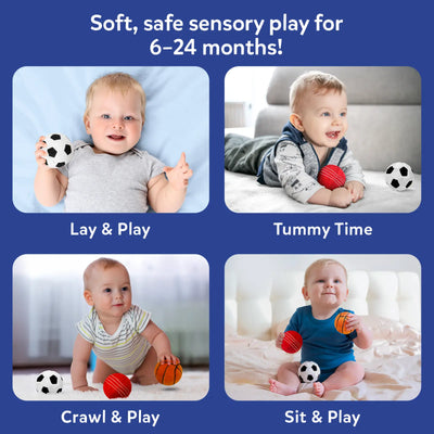 Four photos arranged in a grid under the heading “Soft, safe sensory play for babies 6–24 months.” Each image shows a baby interacting with plush balls during different activities labeled below: Back-Time, Tummy-Time, Crawling, and Sitting Play. The layout demonstrates age-appropriate use across multiple developmental play positions in a calm indoor setting.