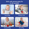 Four photos arranged in a grid under the heading “Soft, safe sensory play for babies 6–24 months.” Each image shows a baby interacting with plush balls during different activities labeled below: Back-Time, Tummy-Time, Crawling, and Sitting Play. The layout demonstrates age-appropriate use across multiple developmental play positions in a calm indoor setting.