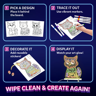 Four-step Skillmatics Light-Up Sketcher activity guide showing how to pick a tracing design, place it behind the board, trace with markers, decorate with reusable stickers, then display the glowing artwork. An owl example appears in the final step, with a wipe-clean message below.