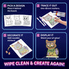 Four-step Skillmatics Light-Up Sketcher activity guide showing how to pick a tracing design, place it behind the board, trace with markers, decorate with reusable stickers, then display the glowing artwork. An owl example appears in the final step, with a wipe-clean message below.
