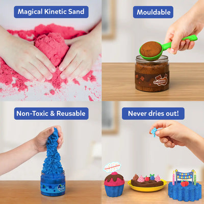 Sandeezy moldable kinetic sand collage highlighting non-toxic, reusable, non-drying features