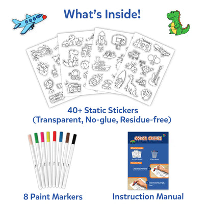 Product contents layout titled “What’s Inside!” showing multiple black-and-white sticker sheets featuring vehicles, sports items, dinosaurs, and objects ready to color. Text reads “40+ Static Stickers (Transparent, No-glue, Residue-free).” Below are eight paint markers in different colors and a printed instruction manual, clearly labeled against a clean white background.