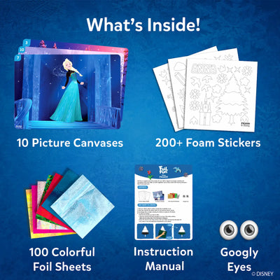 Children’s art kit with picture canvases, colorful foil sheets, foam stickers, and googly eyes from Foil Fun Disney Frozen for ages 4 to 9