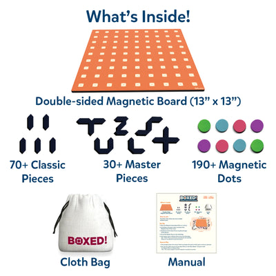 The contents of Skillmatics Boxed! game displayed in a grid format. It includes a double-sided magnetic board (13” x 13”), over 70 classic pieces, 30+ master pieces, 190+ magnetic dots in pink, green, purple, and blue, a cloth bag for storage, and the game manual. The magnetic board and pieces are shown in vibrant colours, with clear instructions for play.
