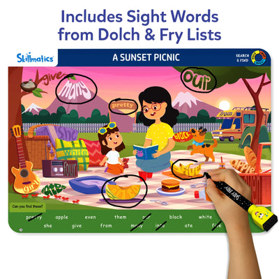Interactive picnic scene educational mat with sight words marker for ages 3-6