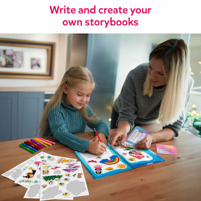 Mother and daughter creating storybooks with stickers and writing tools from My Storybook Art Kit