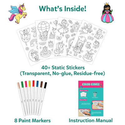 Flat lay graphic titled “What’s Inside!” displaying the contents of the Color Clingz Unicorns & Princesses kit. Several black-and-white sticker sheets with outlines of unicorns, princesses, fairies, castles, and accessories are fanned out. Below are eight colored paint markers and an illustrated instruction manual, with text stating 40+ transparent, no-glue, residue-free static stickers.