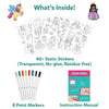 Flat lay graphic titled “What’s Inside!” displaying the contents of the Color Clingz Unicorns & Princesses kit. Several black-and-white sticker sheets with outlines of unicorns, princesses, fairies, castles, and accessories are fanned out. Below are eight colored paint markers and an illustrated instruction manual, with text stating 40+ transparent, no-glue, residue-free static stickers.
