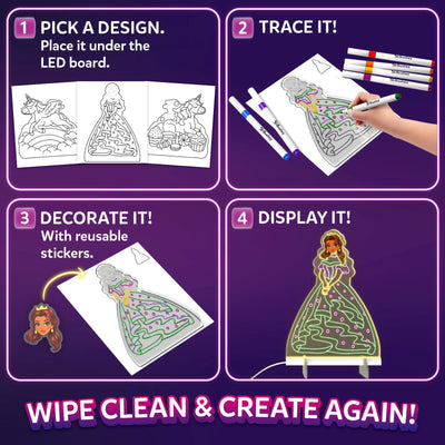 Four-step Skillmatics Light-Up Sketcher graphic: choose a tracing design, place it under the board, trace with colorful markers, decorate with reusable stickers, and display the glowing artwork. Four numbered panels appear on a purple background. The activity is designed for repeated creative play.