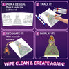 Four-step Skillmatics Light-Up Sketcher graphic: choose a tracing design, place it under the board, trace with colorful markers, decorate with reusable stickers, and display the glowing artwork. Four numbered panels appear on a purple background. The activity is designed for repeated creative play.