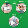 Three circular images on a green background illustrate the foil transfer process. The first shows a child peeling adhesive sections from a dog-shaped magnet. The second shows pressing a bright orange foil sheet onto the exposed sticky areas. The third shows peeling away the foil to reveal shiny transferred color on the magnet. Arrows labeled Peel, Press, and Wow guide the sequence, with foil sheets visible underneath.