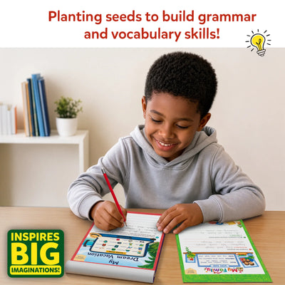 Smiling boy in gray hoodie writes with a red pencil on Sentence Sprouts worksheets while seated on an airplane. Open pages show My Dream Vacation and My Family themed activities. Badge reads Inspires Big Imaginations. Text: Planting seeds to build grammar and vocabulary skills.
