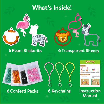 A green background layout titled “What’s Inside!” displays the contents of the Shake-its Amazing Animals kit. Shown are six foam animal shake-its, six transparent sheets, six confetti packs in different colors, six keychains in pastel shades, and a printed instruction manual. Each component is clearly separated, evenly spaced, and labeled for easy identification.