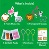 A green background layout titled “What’s Inside!” displays the contents of the Shake-its Amazing Animals kit. Shown are six foam animal shake-its, six transparent sheets, six confetti packs in different colors, six keychains in pastel shades, and a printed instruction manual. Each component is clearly separated, evenly spaced, and labeled for easy identification.