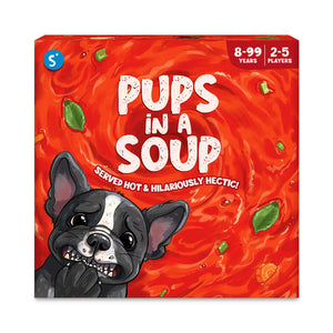 Red board game box with cartoon dog and Pups in a Soup title for a fast-paced card game