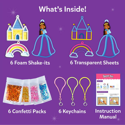 A purple background graphic titled “What’s Inside!” shows the contents of the Shake-its Unicorns & Princesses kit. Displayed items include six foam shake-its shaped like castles, princess gowns, rainbows, and unicorns, six transparent sheets, six pastel keychains, six confetti packs in assorted colors, and a printed instruction manual, each clearly spaced and labeled.