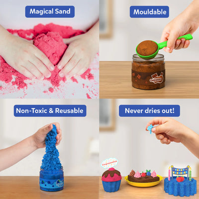 Sandeezy moldable kinetic sand collage highlighting non-toxic, reusable, non-drying features