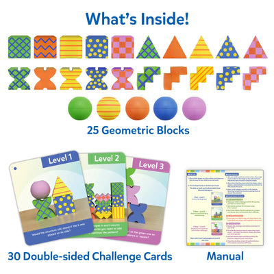 Illustrated layout showing everything included in the Brain Blocks set. The image displays 25 geometric blocks in different shapes, colors, and surface patterns, including cubes, triangles, spheres, and X-shaped pieces. Below are 30 double-sided challenge cards divided into three levels and a printed instruction manual, clearly labeled for easy understanding.