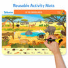 Educational Search and Find Animals activity mat with hand circling grassland animals for ages 3-6