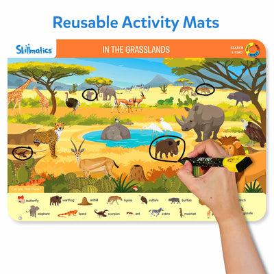 Educational Search and Find Animals activity mat with hand circling grassland animals for ages 3-6