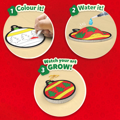 Skillmatics Aqua Puffs activity graphic showing three steps to create Christmas ornaments: 1 Colour the ornament design using markers, 2 Add water using the water pen, and 3 Watch the art grow into a raised 3D decoration. Displays a festive ornament transformation from flat design to textured hanging piece.